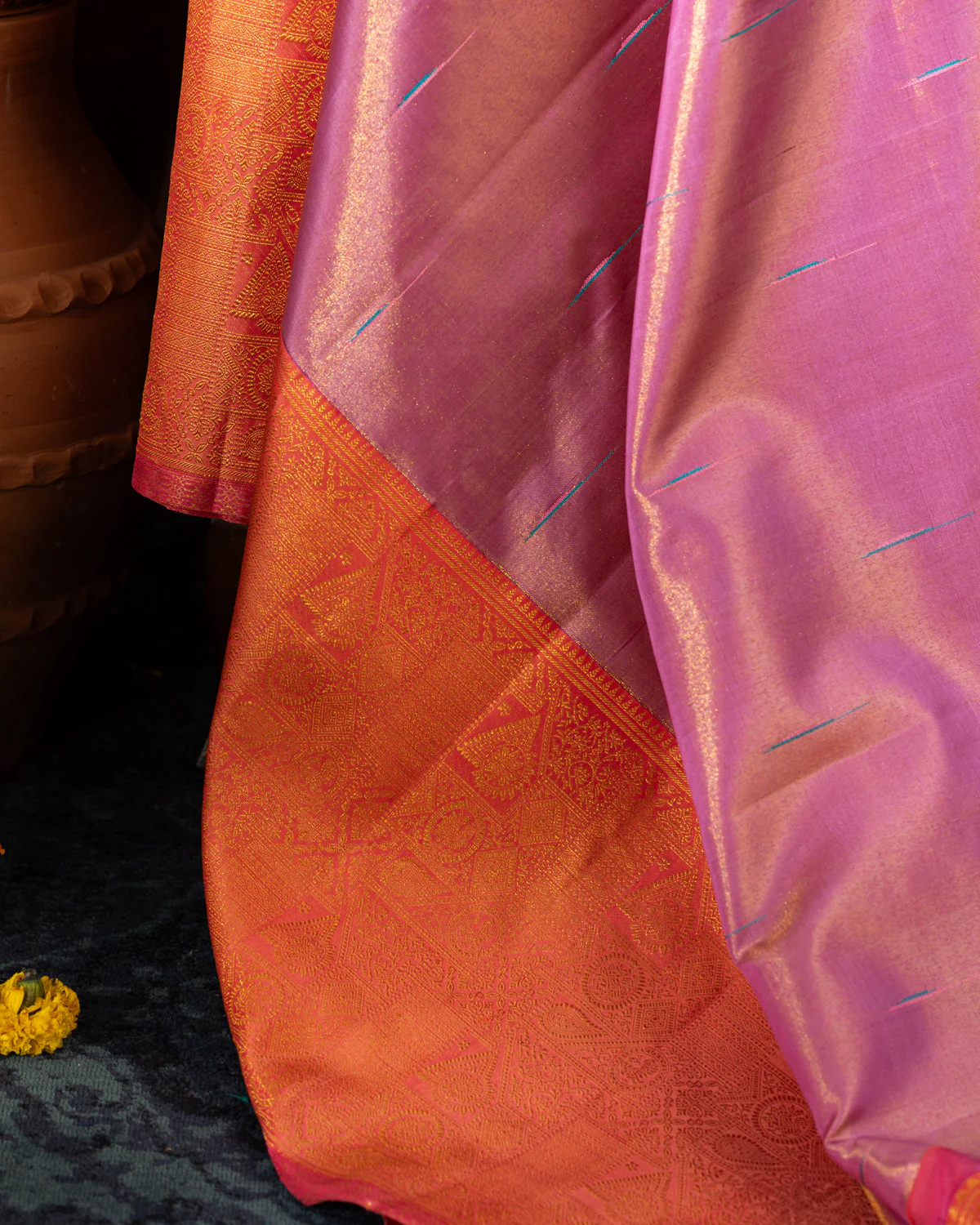 Lavender - Pink Tissue Kanchipuram Silk Saree With Long & Short Zari Border - Image 8