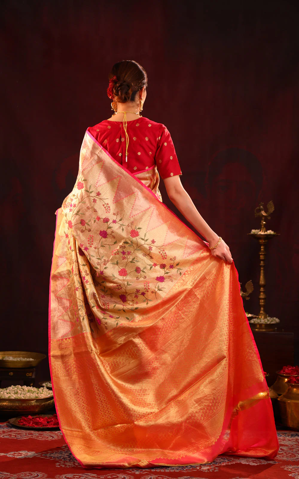 Golden Tissue Kanchipuram Silk Saree With Floral Embroidery - Image 3