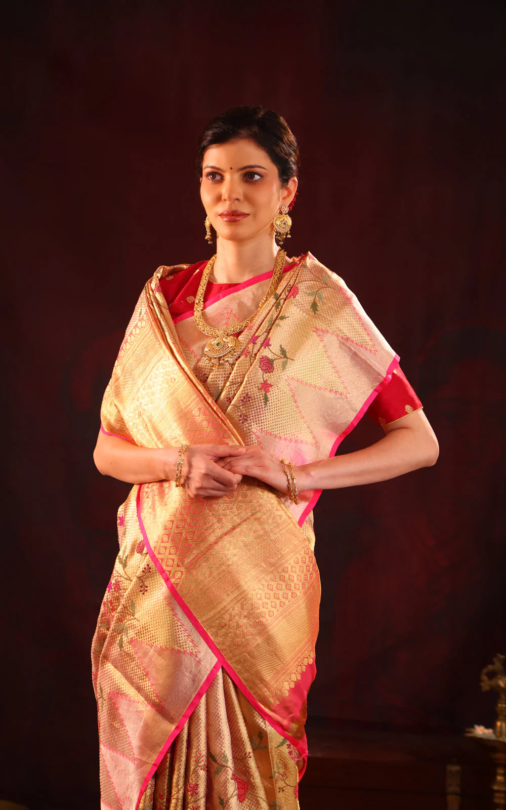 Golden Tissue Kanchipuram Silk Saree With Floral Embroidery - Image 4