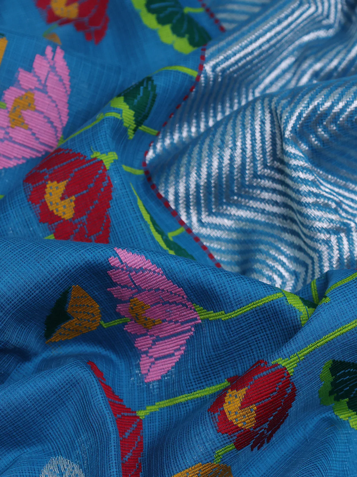 Turquoise Blue - Mustard Yellow Kota Cotton Real Zari Saree - Image 3