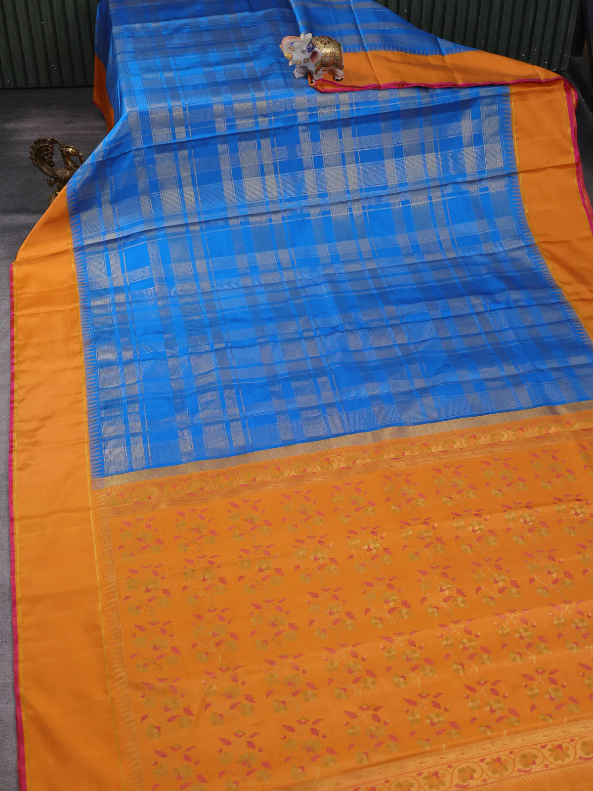 Turquoise Blue-Orange Pure Kanchipuram Silk Saree - Image 2