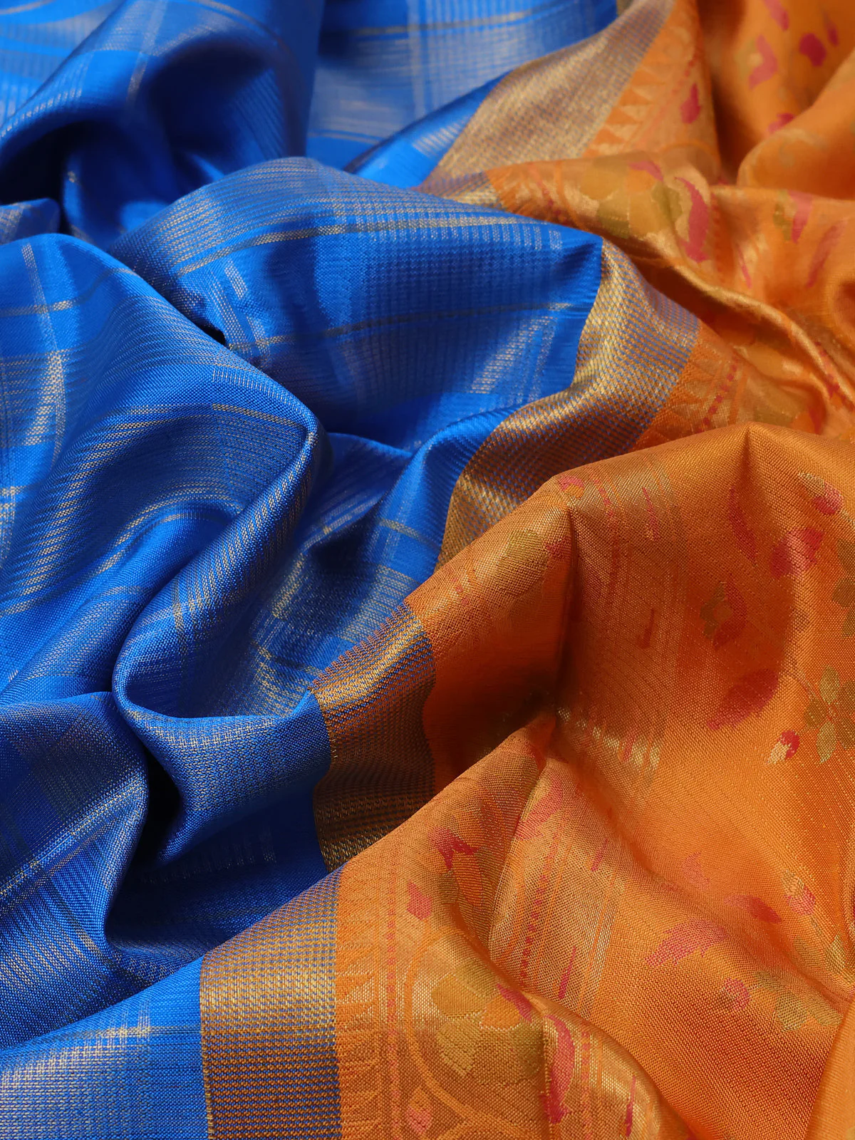 Turquoise Blue-Orange Pure Kanchipuram Silk Saree - Image 3