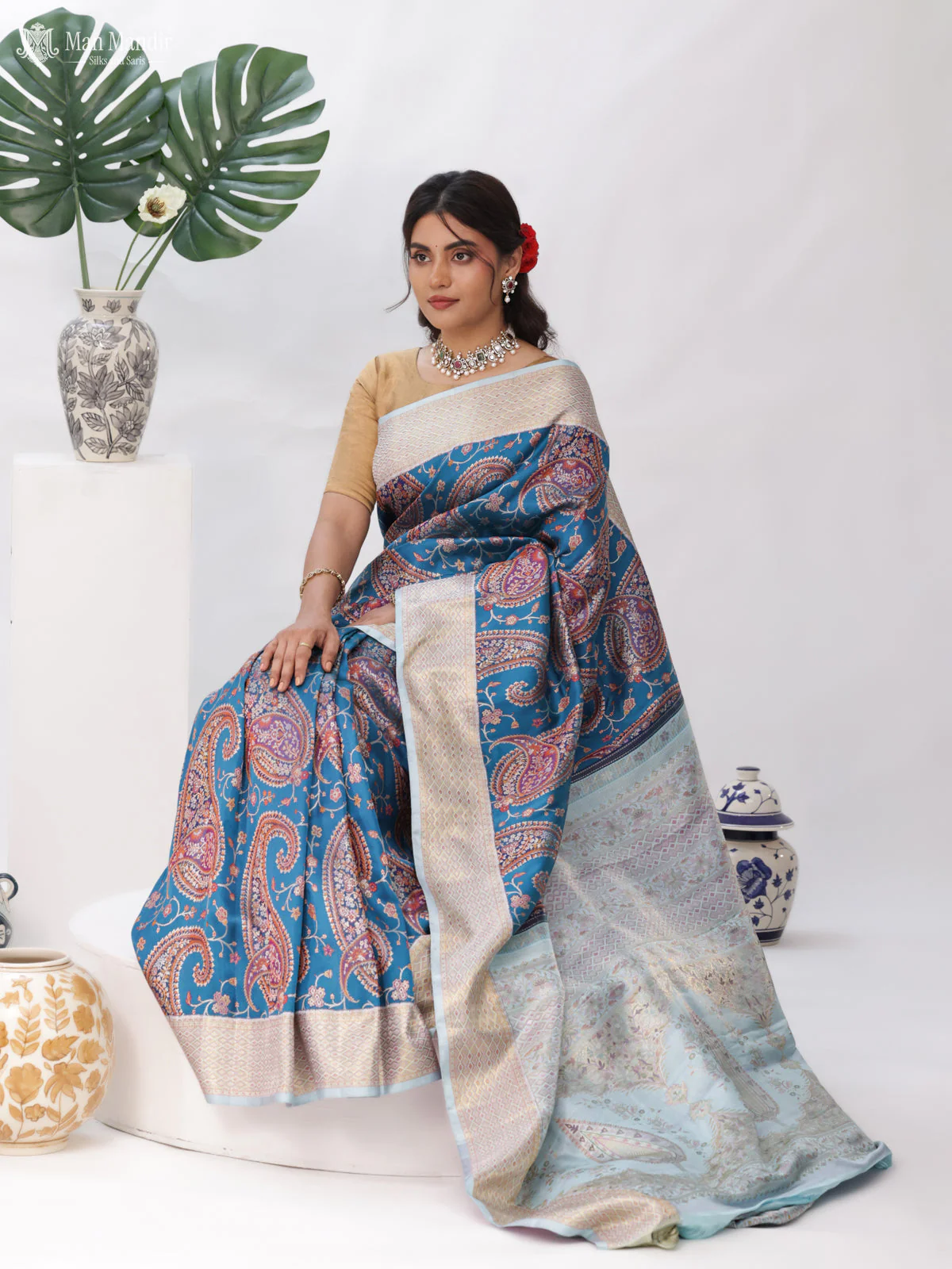 Turquoise Blue - Pale Teal Kanchipuram Silk Saree - Image 2