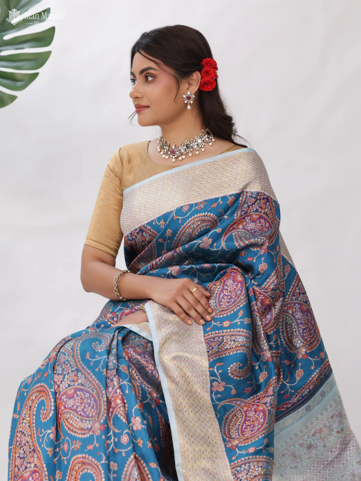 Turquoise Blue - Pale Teal Kanchipuram Silk Saree - Image 3