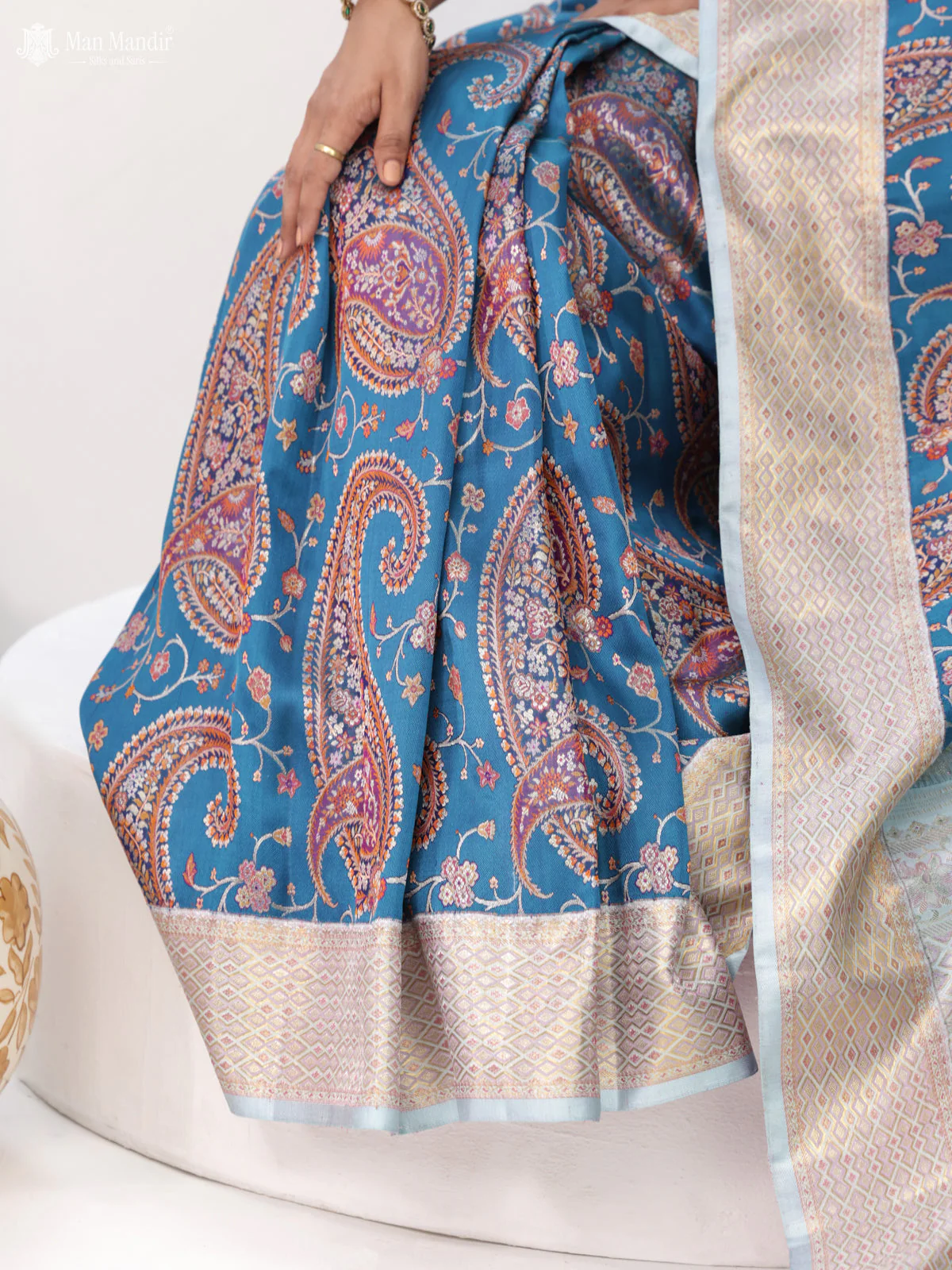 Turquoise Blue - Pale Teal Kanchipuram Silk Saree - Image 4