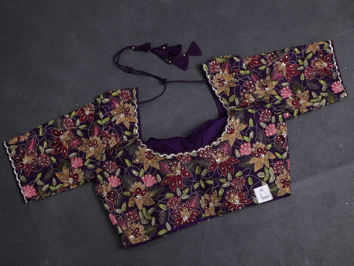 Violet Banarasi Silk Saree With Embroidered Readymade Blouse - Image 5