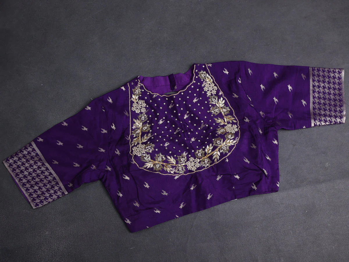 Violet Banarasi Silk Saree With Embroidered Readymade Blouse - Image 4