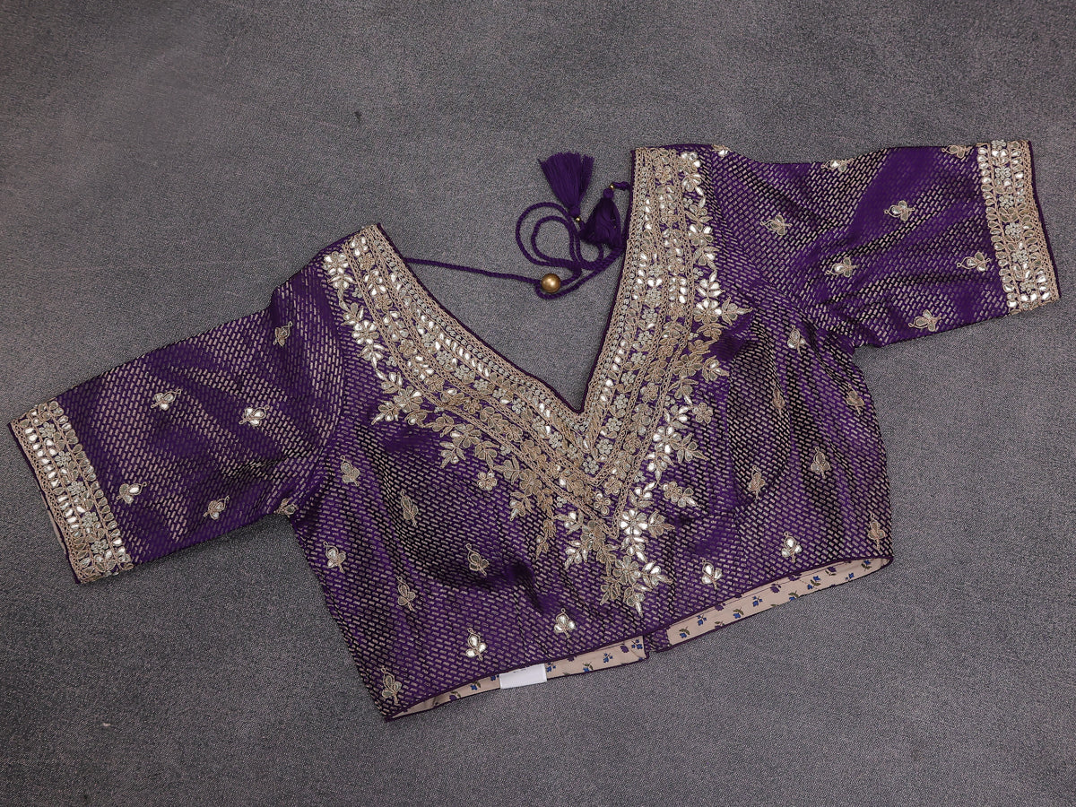Violet Chiniya Silk Saree With Embroidery Readymade Blouse - Image 5
