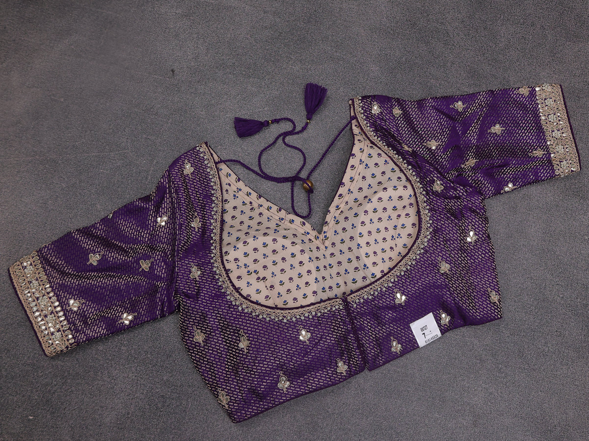 Violet Chiniya Silk Saree With Embroidery Readymade Blouse - Image 6