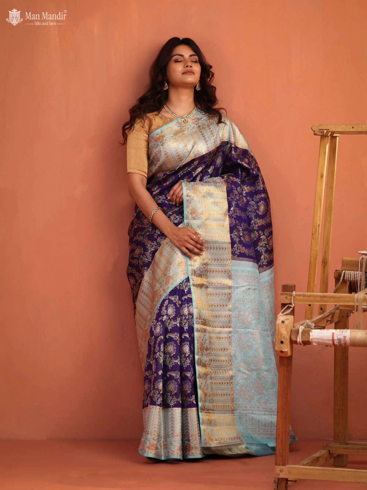 Violet - Light Blue Kanchipuram Silk Saree - Image 2