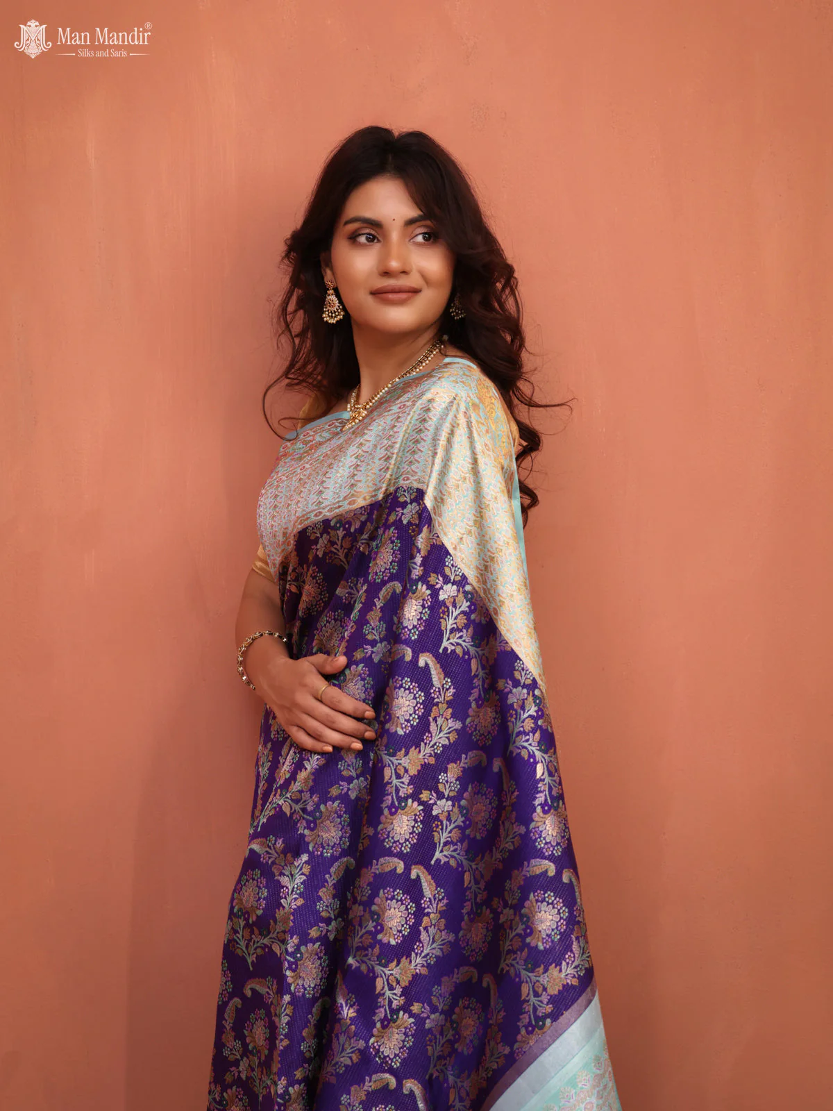 Violet - Light Blue Kanchipuram Silk Saree - Image 3
