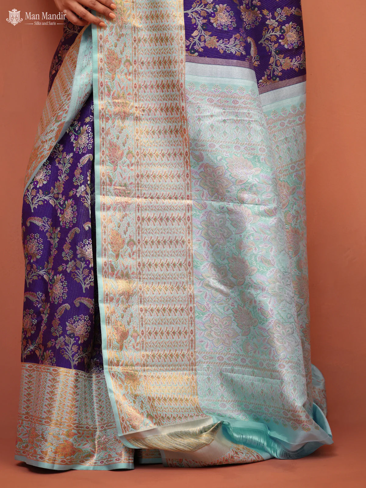 Violet - Light Blue Kanchipuram Silk Saree - Image 4