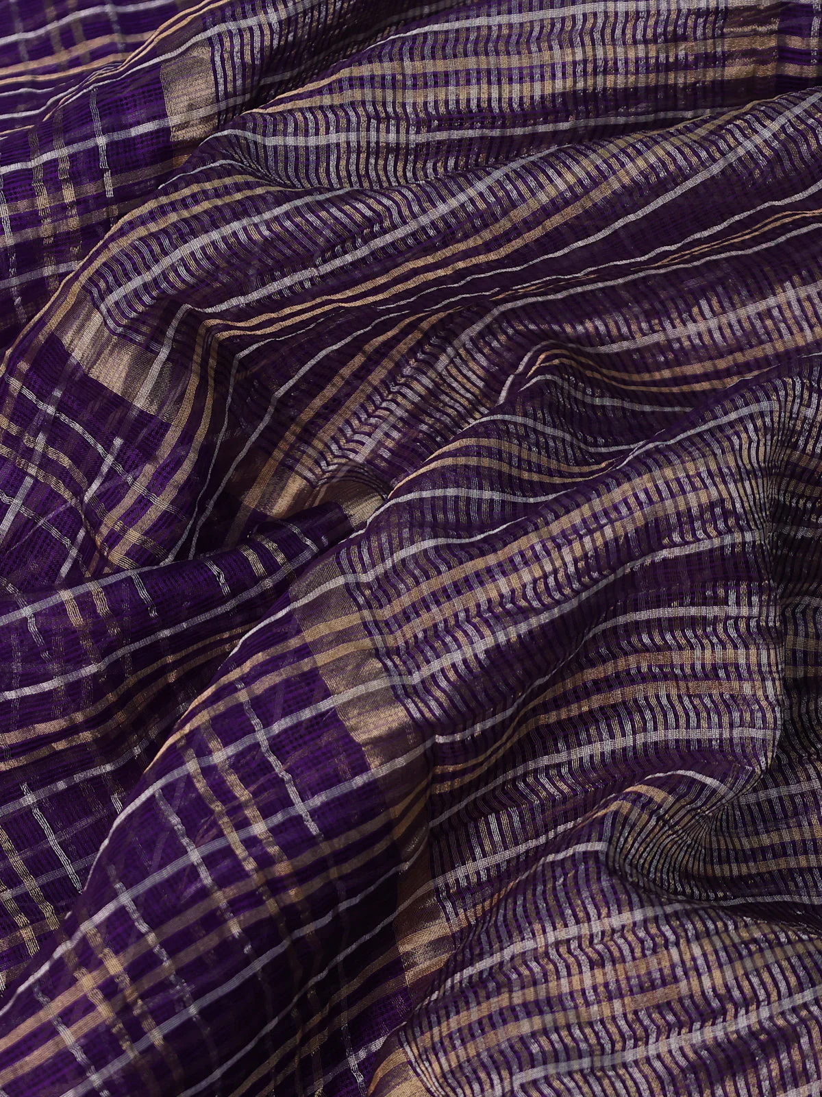 Violet-Pink Pure Organza Silk Saree Silver And Golden Checks With Sequin Border -Readymade Blouse - Image 3
