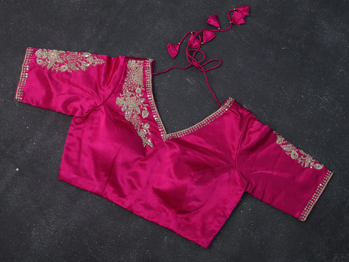 Violet-Pink Pure Organza Silk Saree Silver And Golden Checks With Sequin Border -Readymade Blouse - Image 4