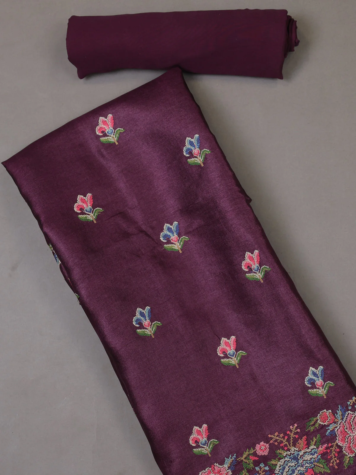 Wine Tussar Silk Unstitched Suit - Image 2