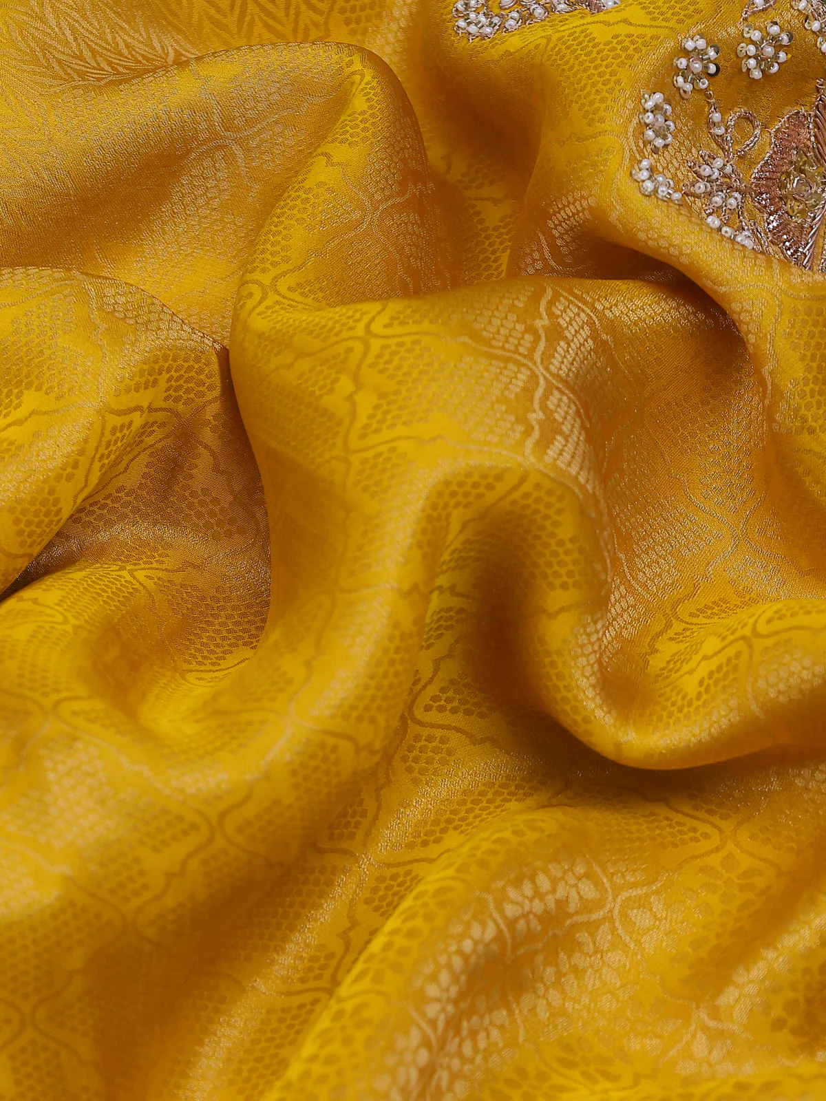 Yellow Banarasi Silk Saree With Embroidery Readymade Blouse - Image 5