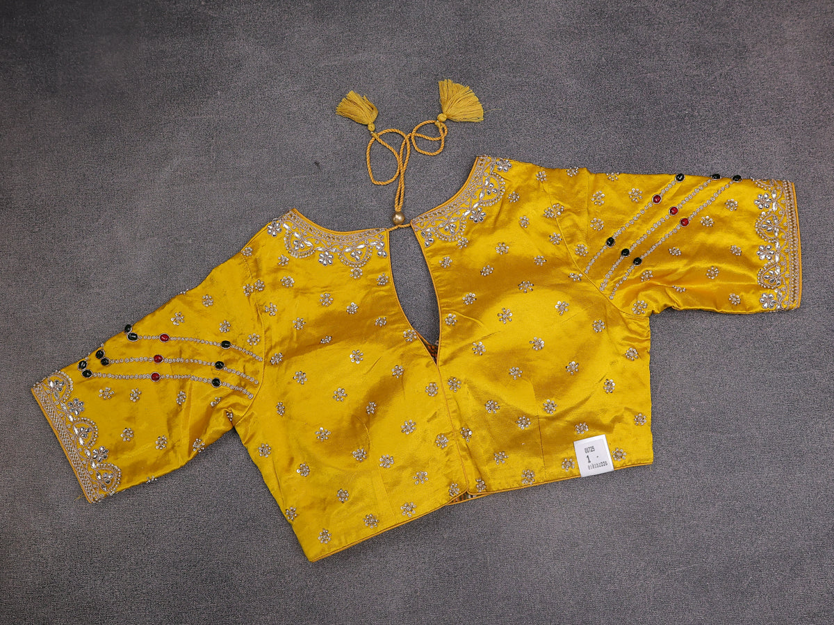 Yellow Banarasi Silk Saree With Embroidery Readymade Blouse - Image 7