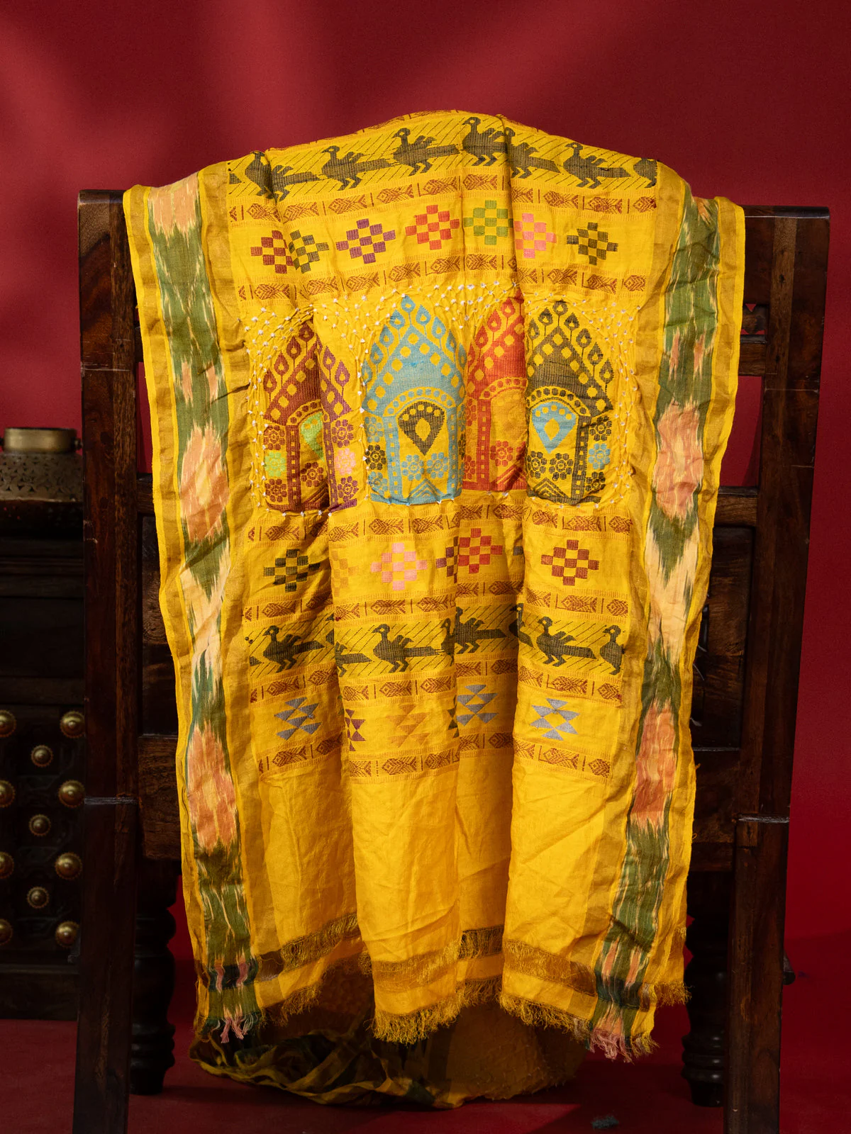 Yellow Tussar Silk Saree With Bandhej And Kantha Work - Image 3