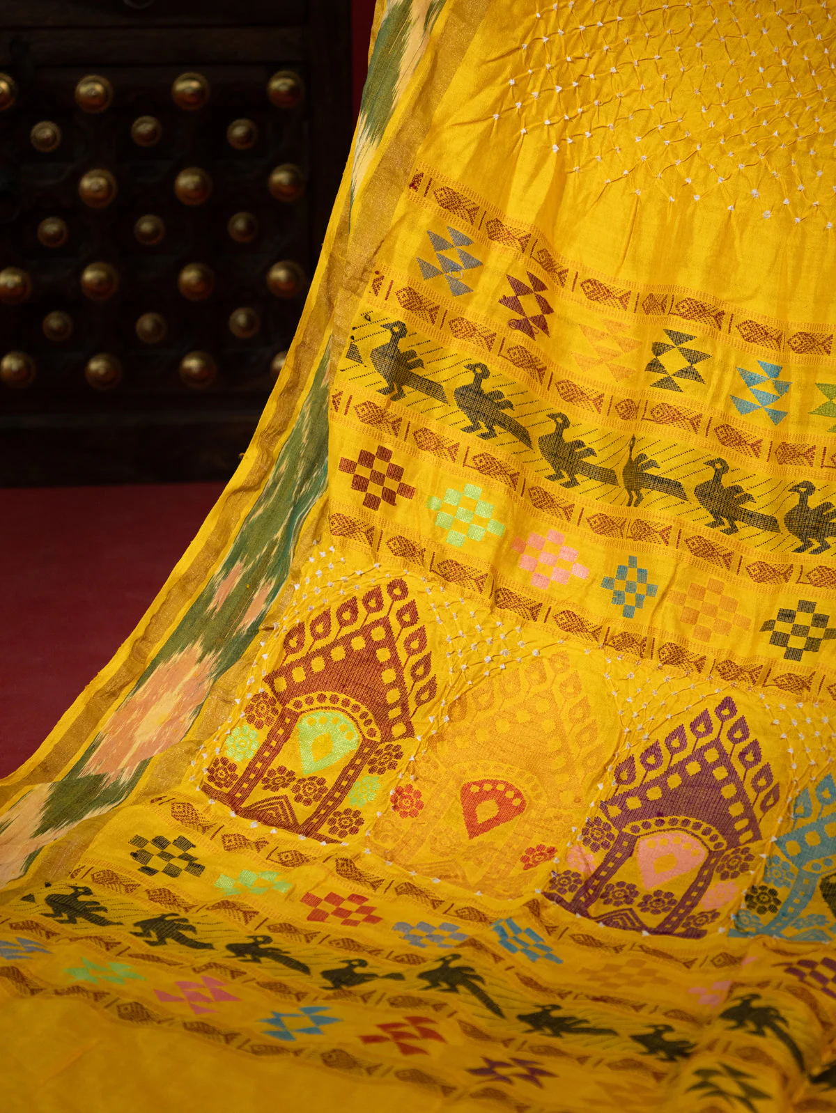 Yellow Tussar Silk Saree With Bandhej And Kantha Work - Image 4
