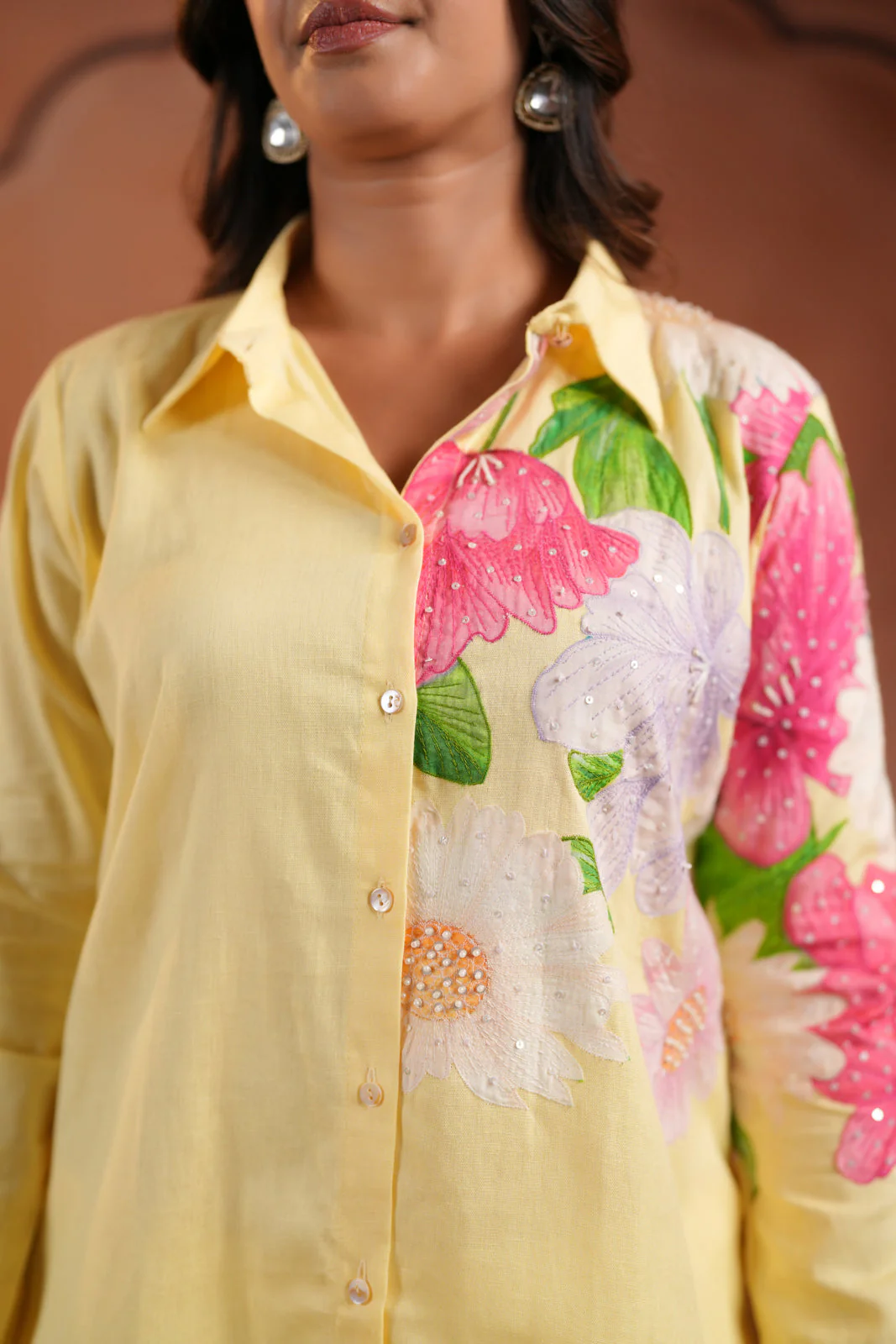 Yellow Cotton Collared Co-Ord Set With Floral Prints Straight Cut Pant - Image 10