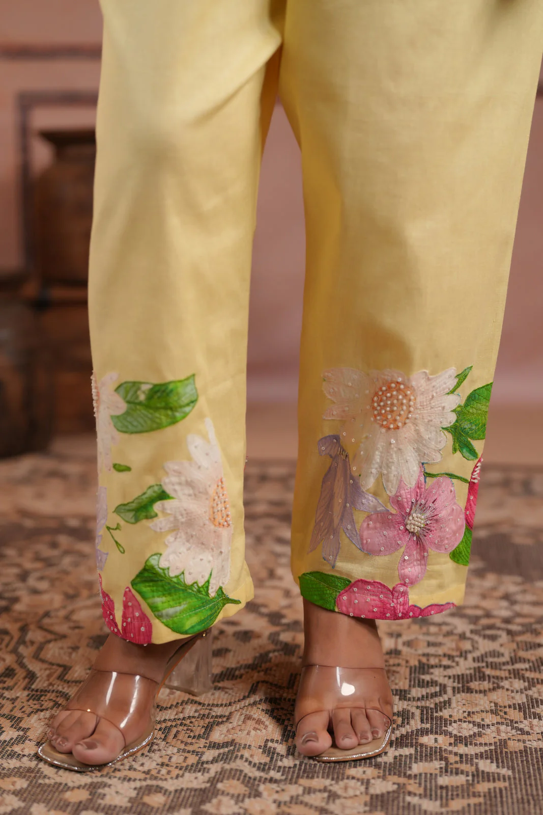 Yellow Cotton Collared Co-Ord Set With Floral Prints Straight Cut Pant - Image 12