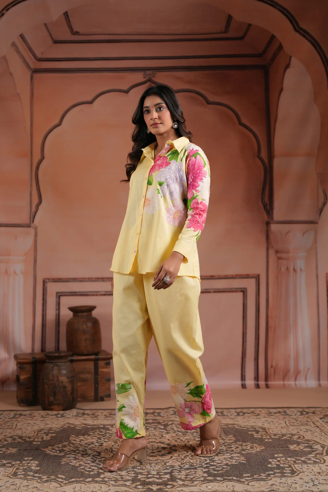 Yellow Cotton Collared Co-Ord Set With Floral Prints Straight Cut Pant - Image 3
