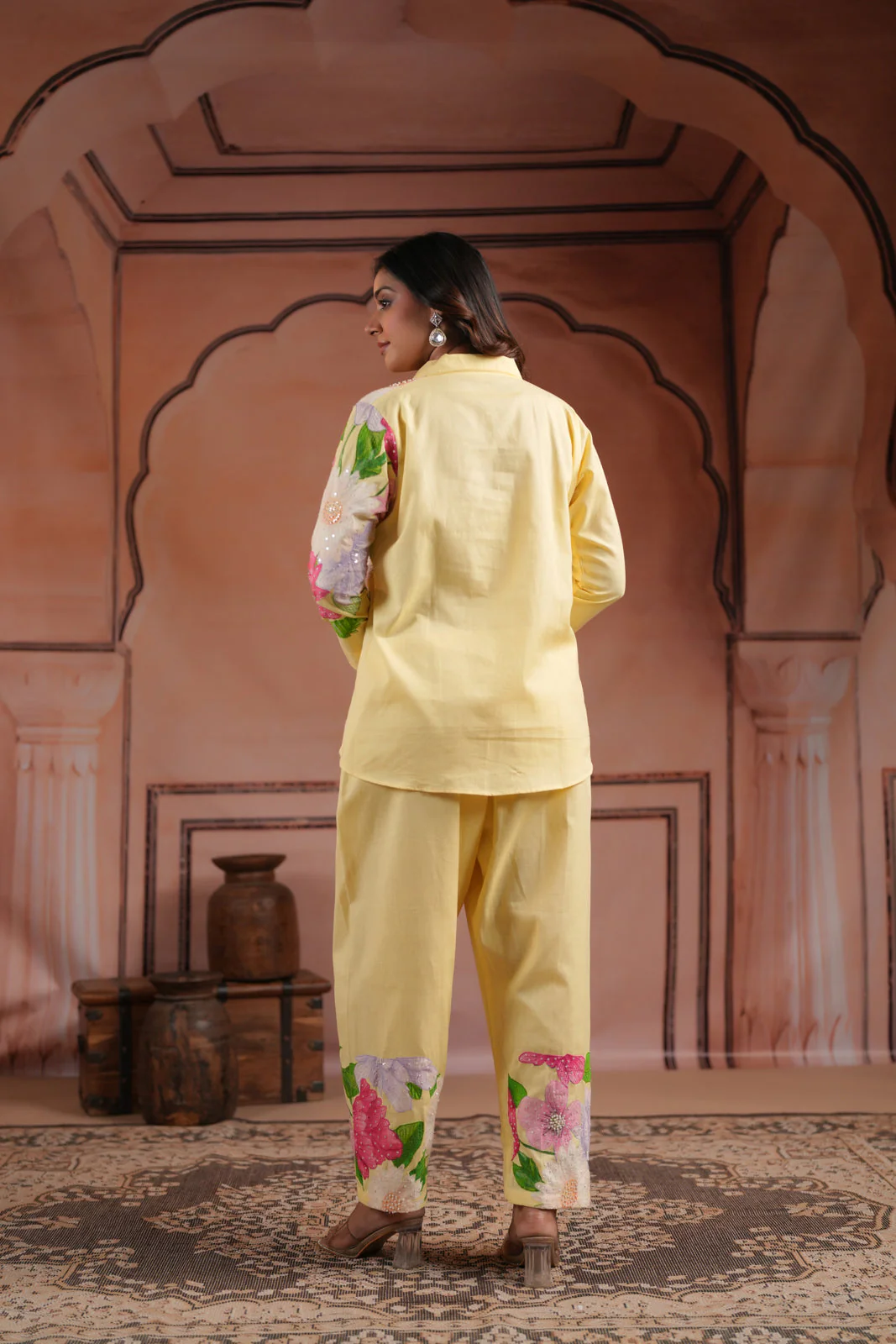 Yellow Cotton Collared Co-Ord Set With Floral Prints Straight Cut Pant - Image 4