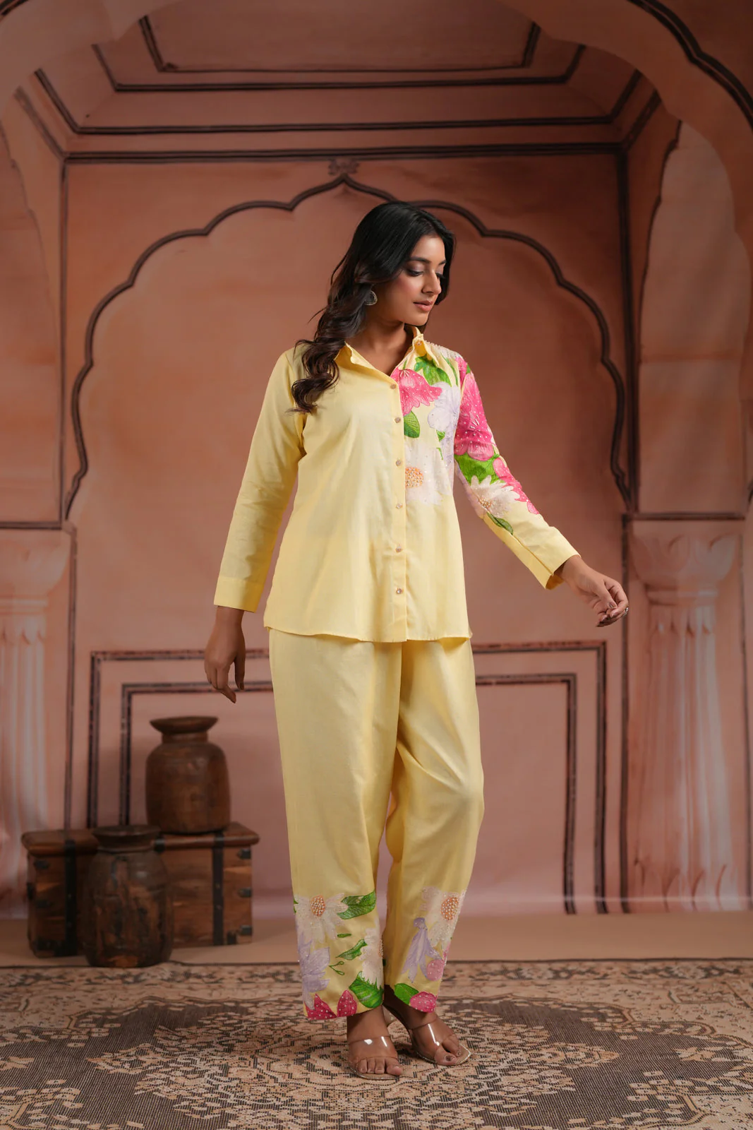 Yellow Cotton Collared Co-Ord Set With Floral Prints Straight Cut Pant - Image 5