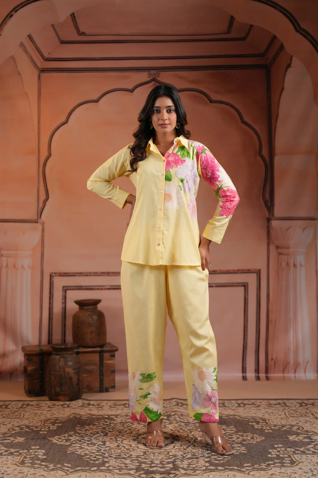 Yellow Cotton Collared Co-Ord Set With Floral Prints Straight Cut Pant - Image 6