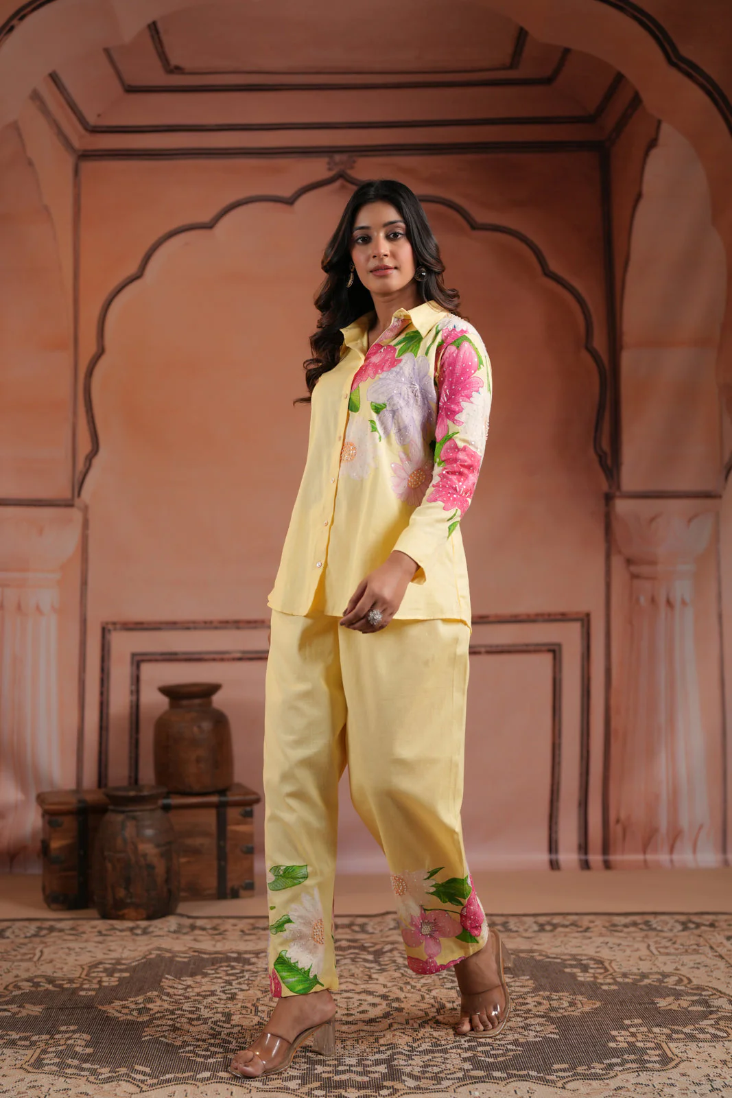 Yellow Cotton Collared Co-Ord Set With Floral Prints Straight Cut Pant - Image 7