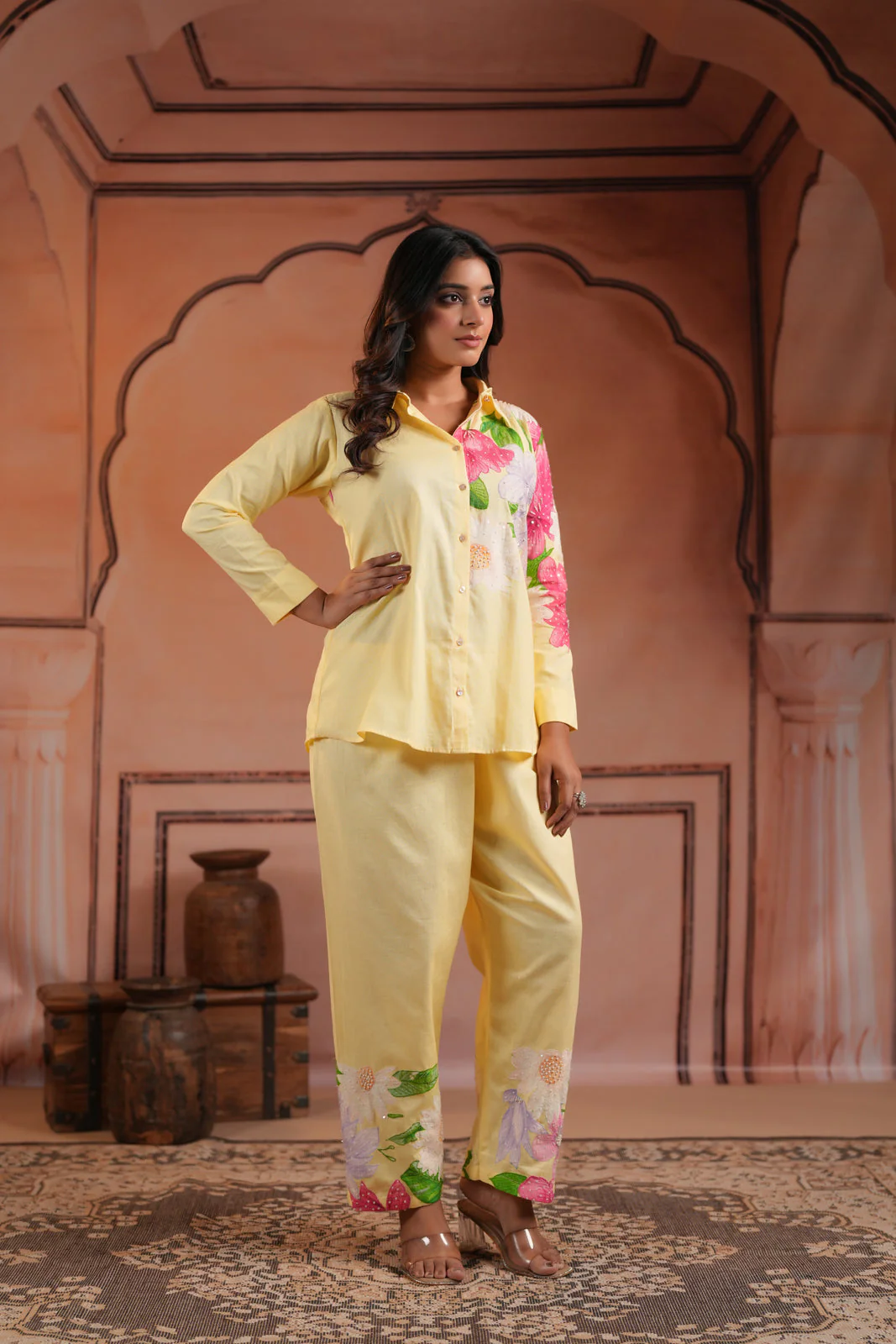 Yellow Cotton Collared Co-Ord Set With Floral Prints Straight Cut Pant - Image 8