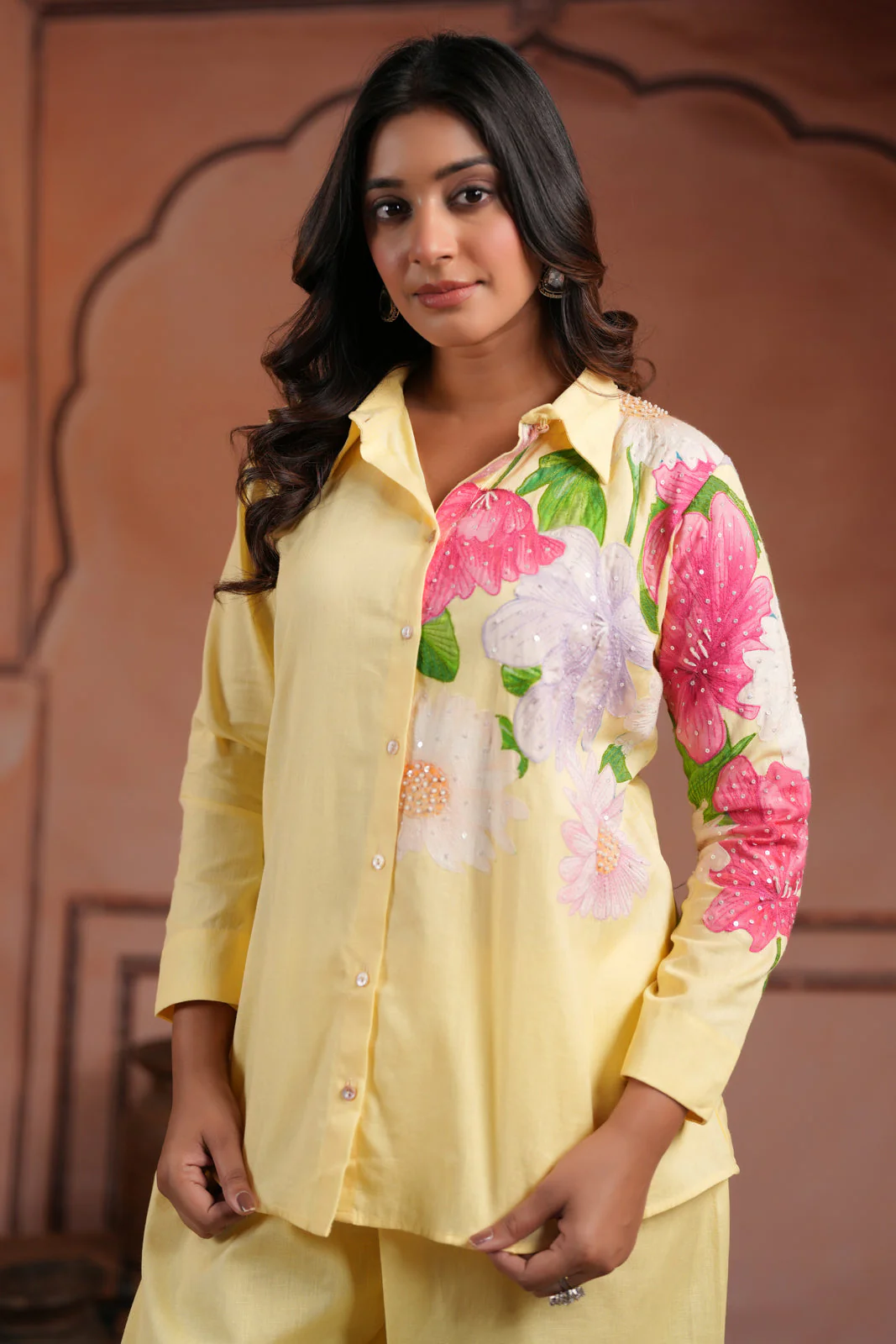 Yellow Cotton Collared Co-Ord Set With Floral Prints Straight Cut Pant - Image 9