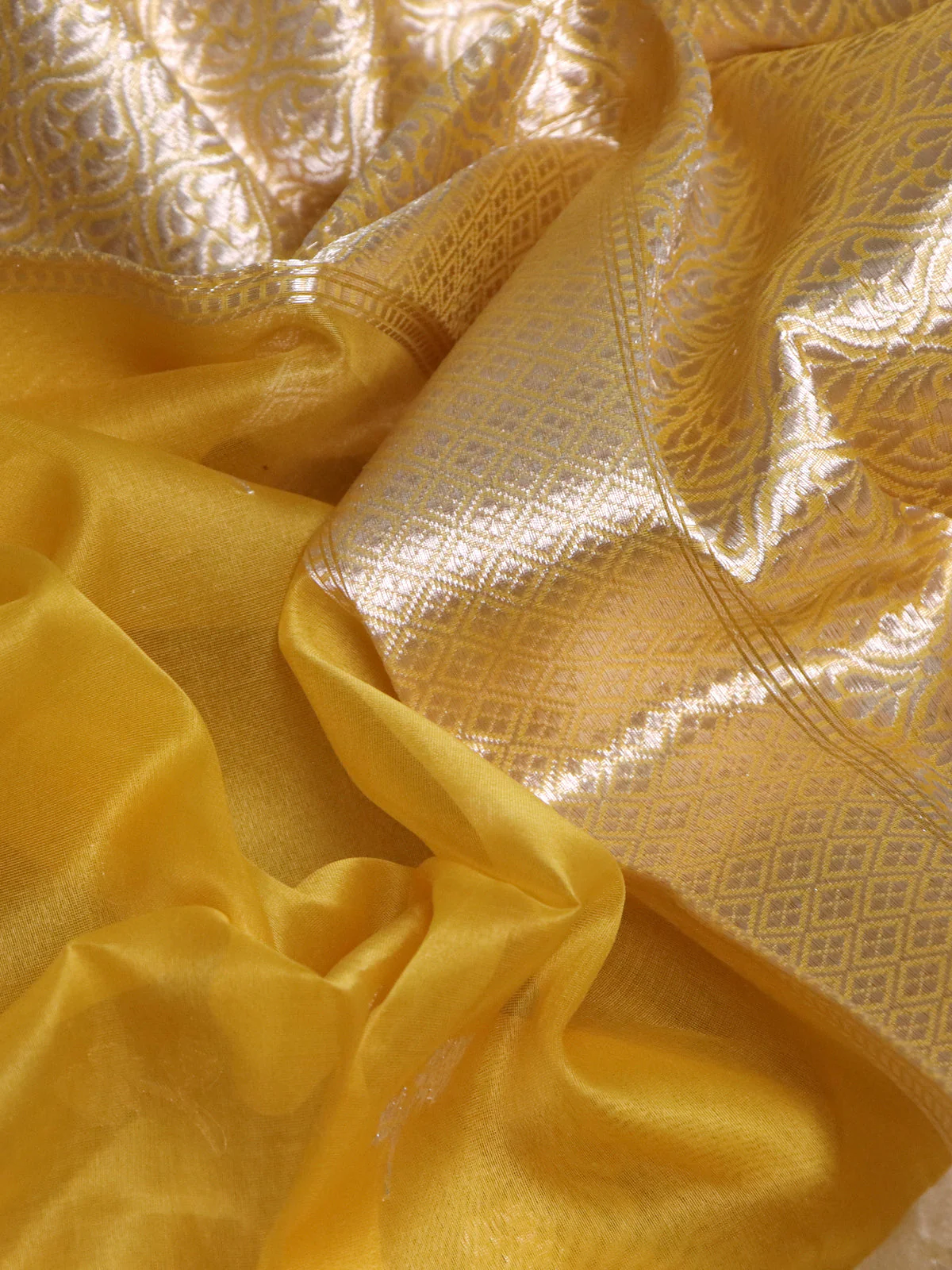 Yellow-Cream Banarasi Kora Silk Saree - Image 3