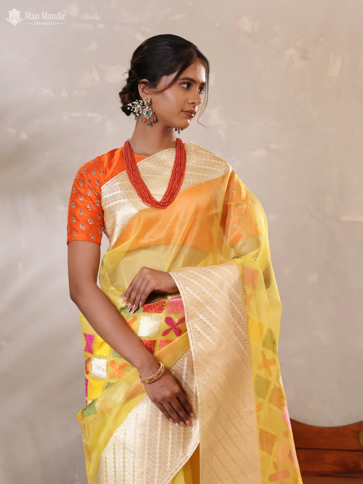 Yellow - Cream Banarasi Kora Silk Saree - Image 2
