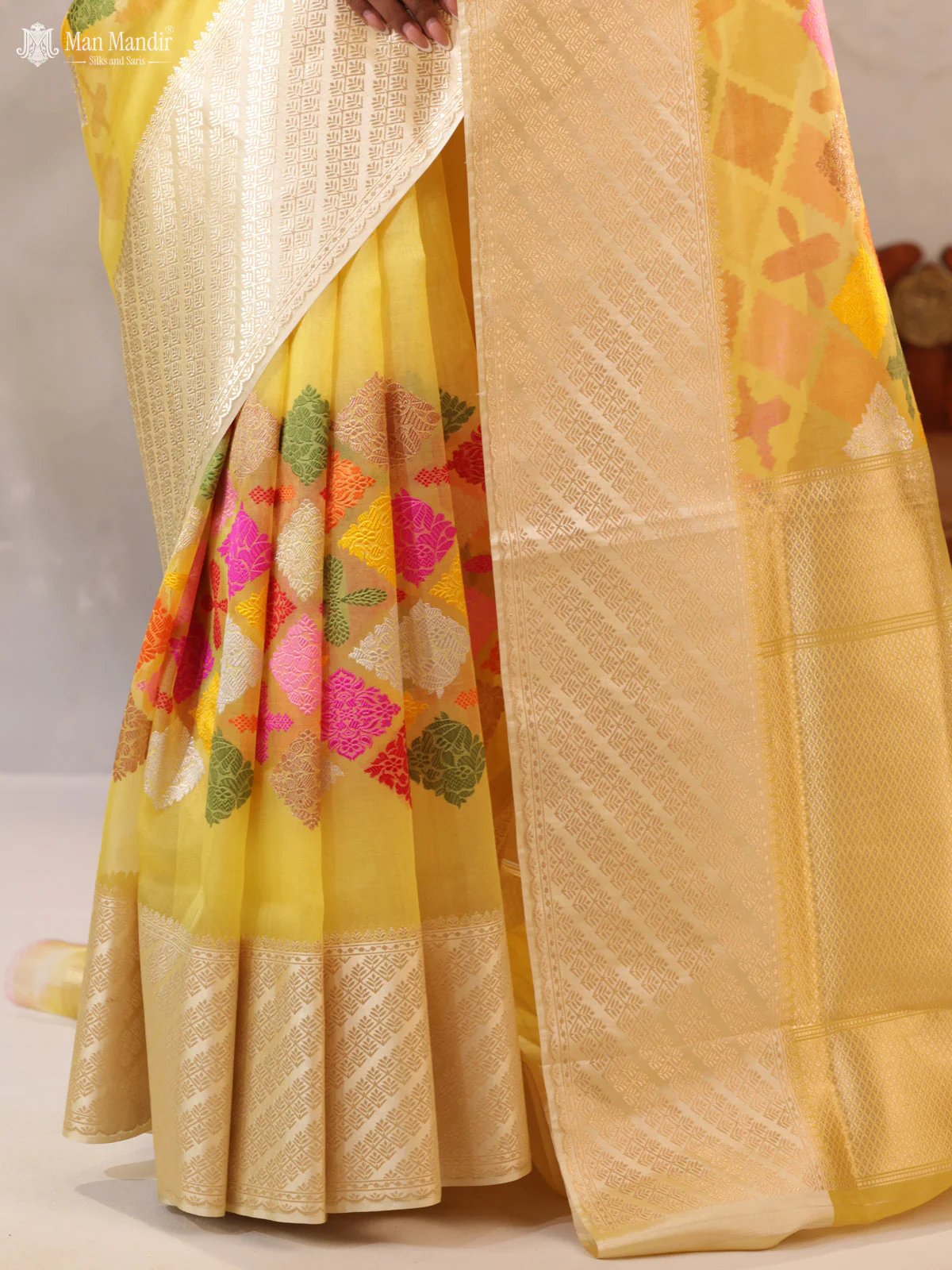 Yellow - Cream Banarasi Kora Silk Saree - Image 3