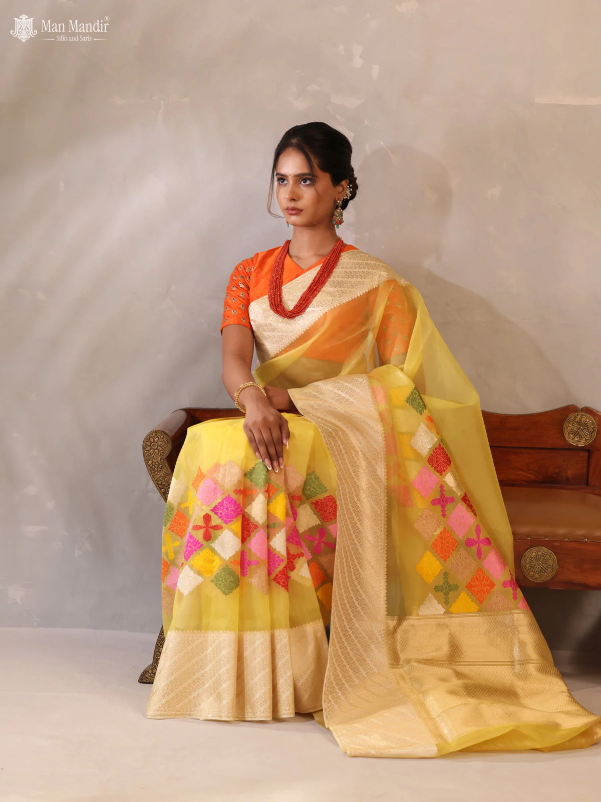 Yellow - Cream Banarasi Kora Silk Saree - Image 4