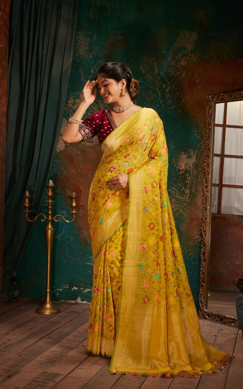 Yellow & Green Real Zari Banarasi Cotton Saree With Jamdani Weaves - Image 3