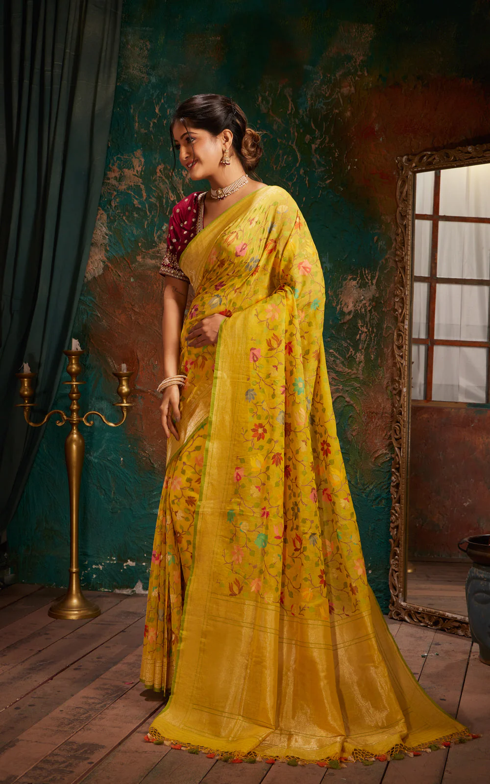 Yellow & Green Real Zari Banarasi Cotton Saree With Jamdani Weaves - Image 4