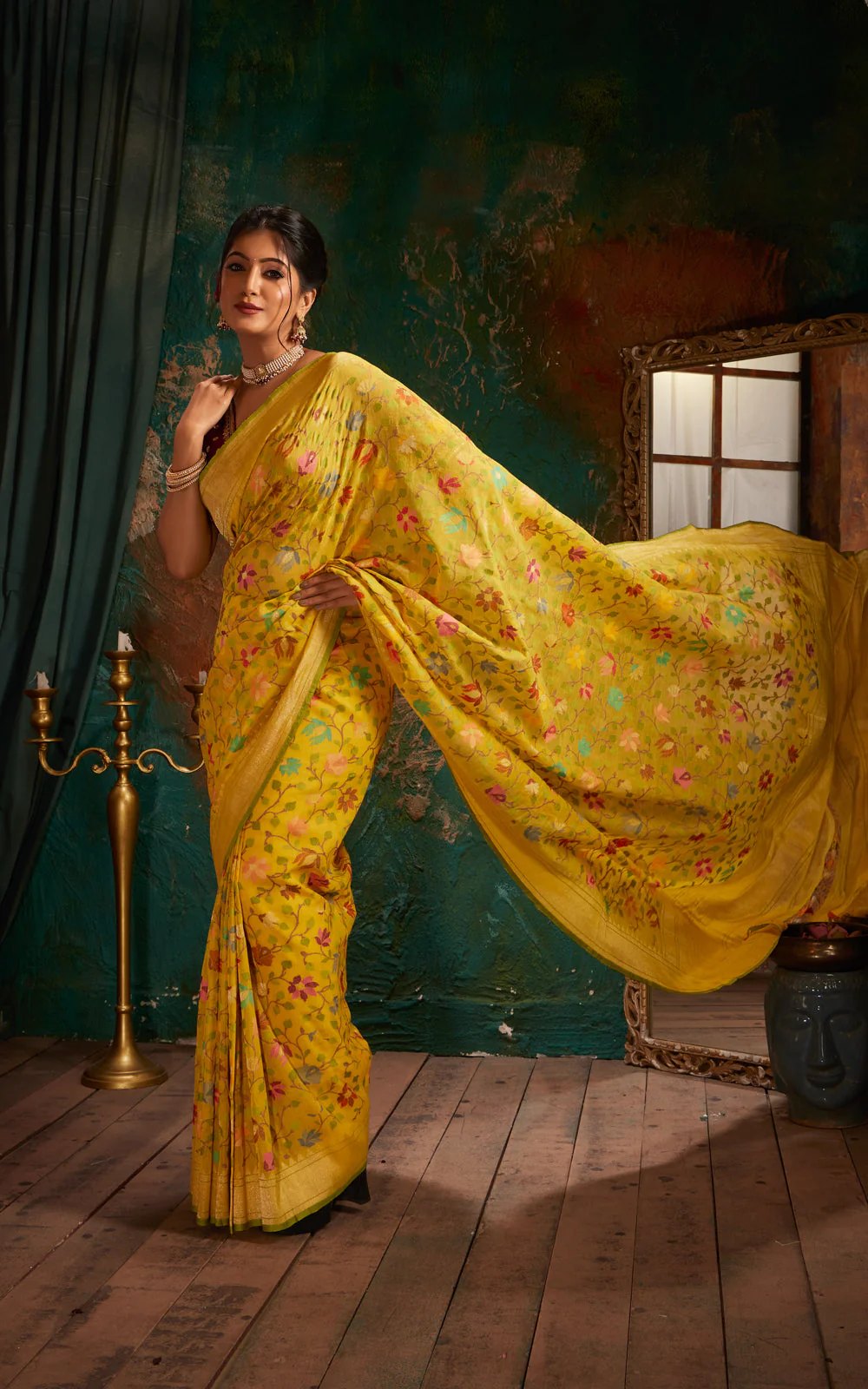 Yellow & Green Real Zari Banarasi Cotton Saree With Jamdani Weaves - Image 5