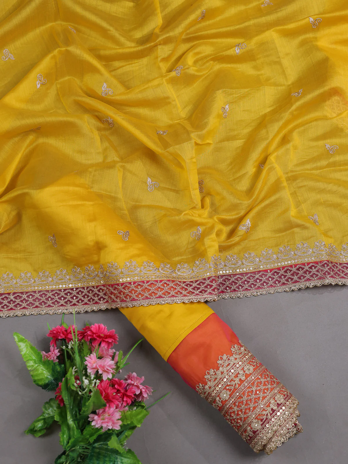 Yellow Mul Chanderi Semi Stitched Suit - Image 2