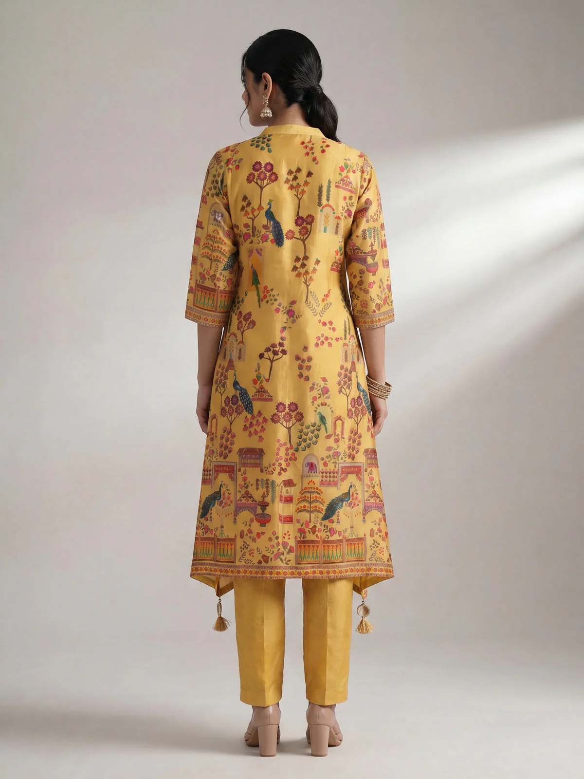 Yellow Muslin Tail cut Kurti and Pant Set - Image 2