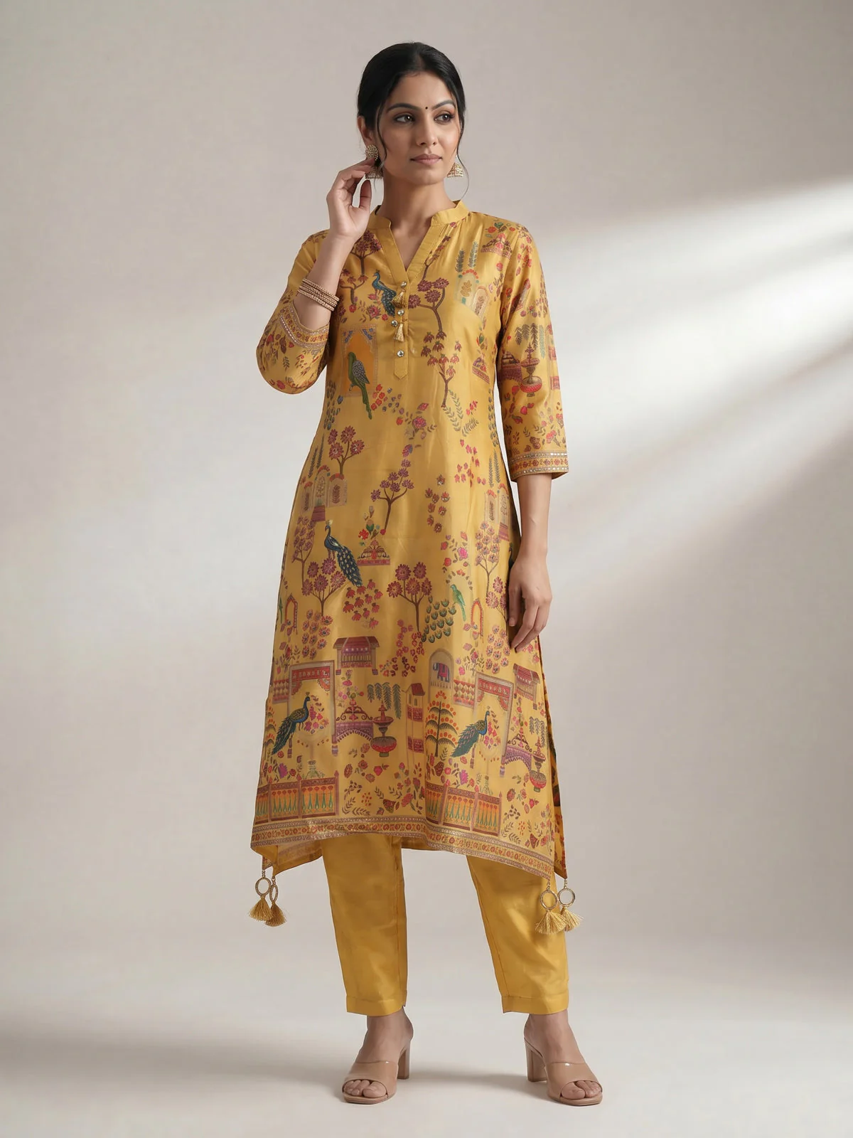 Yellow Muslin Tail cut Kurti and Pant Set - Image 3