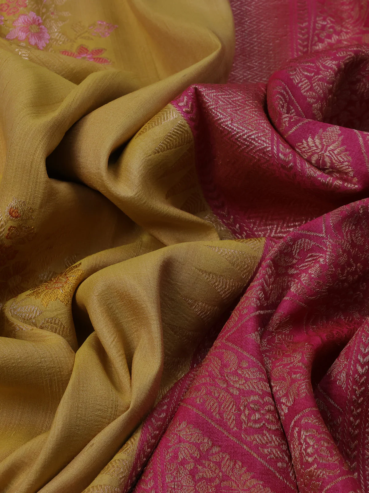 Yellow-Pink Banarasi Khaddi Tussar Saree - Image 3
