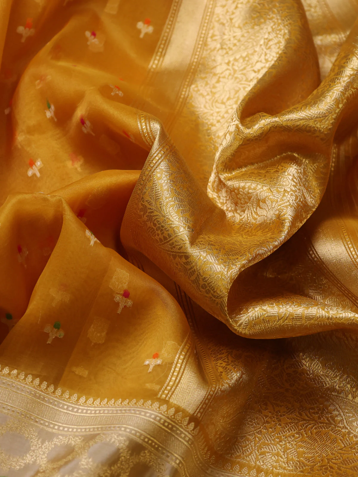 Yellow-Sandal Banarasi Kora Saree - Image 3