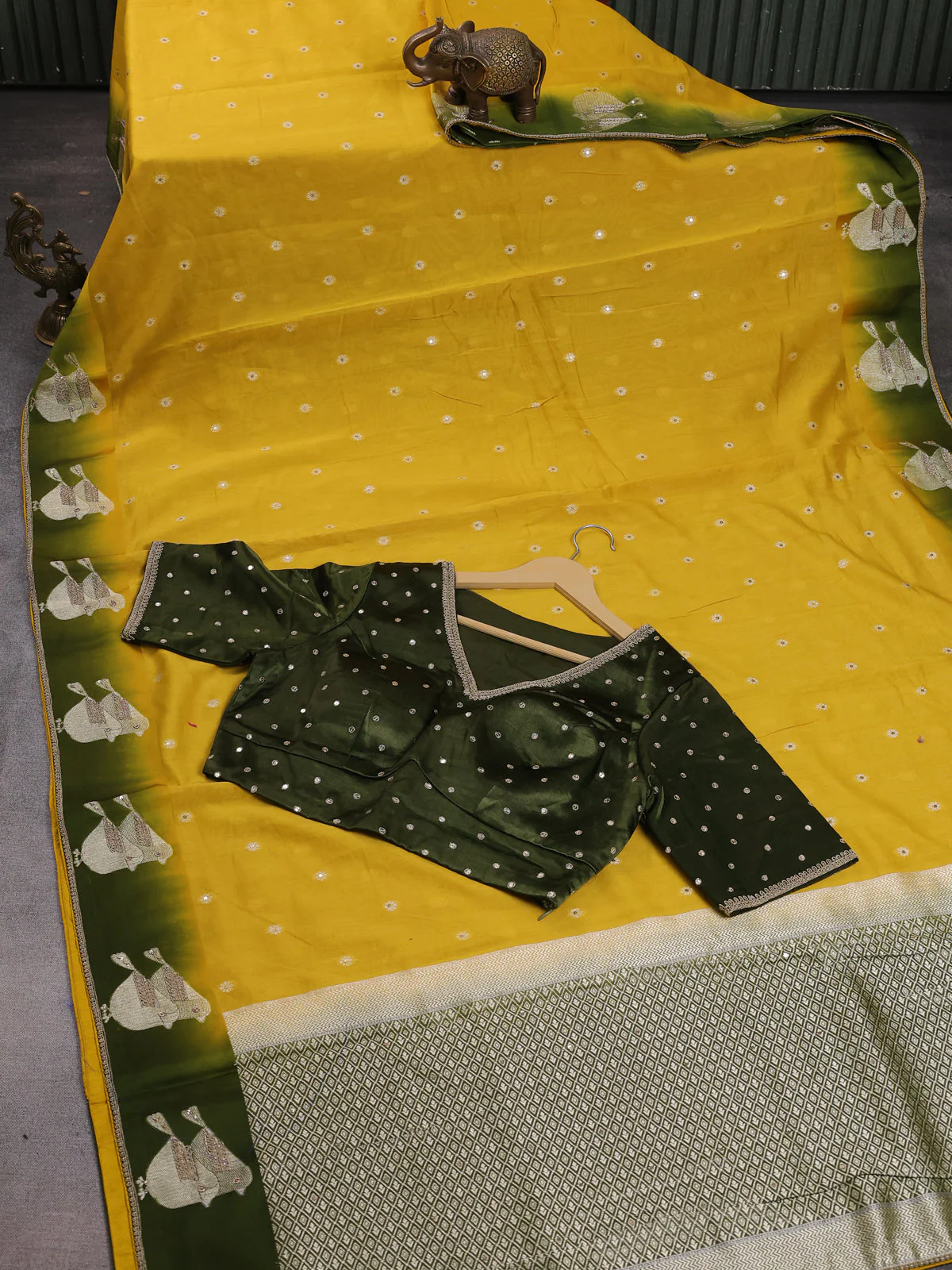 Yellow-Sap Green Tussar Silk Saree With Embroidered Readymade Blouse