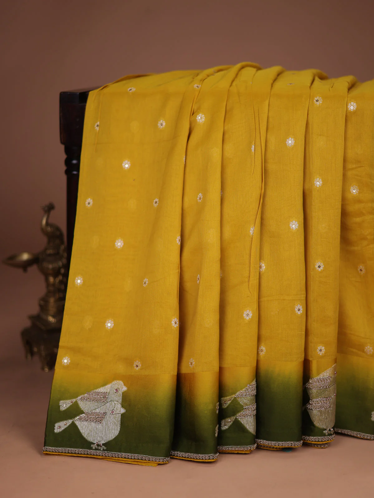 Yellow-Sap Green Tussar Silk Saree With Embroidered Readymade Blouse - Image 2