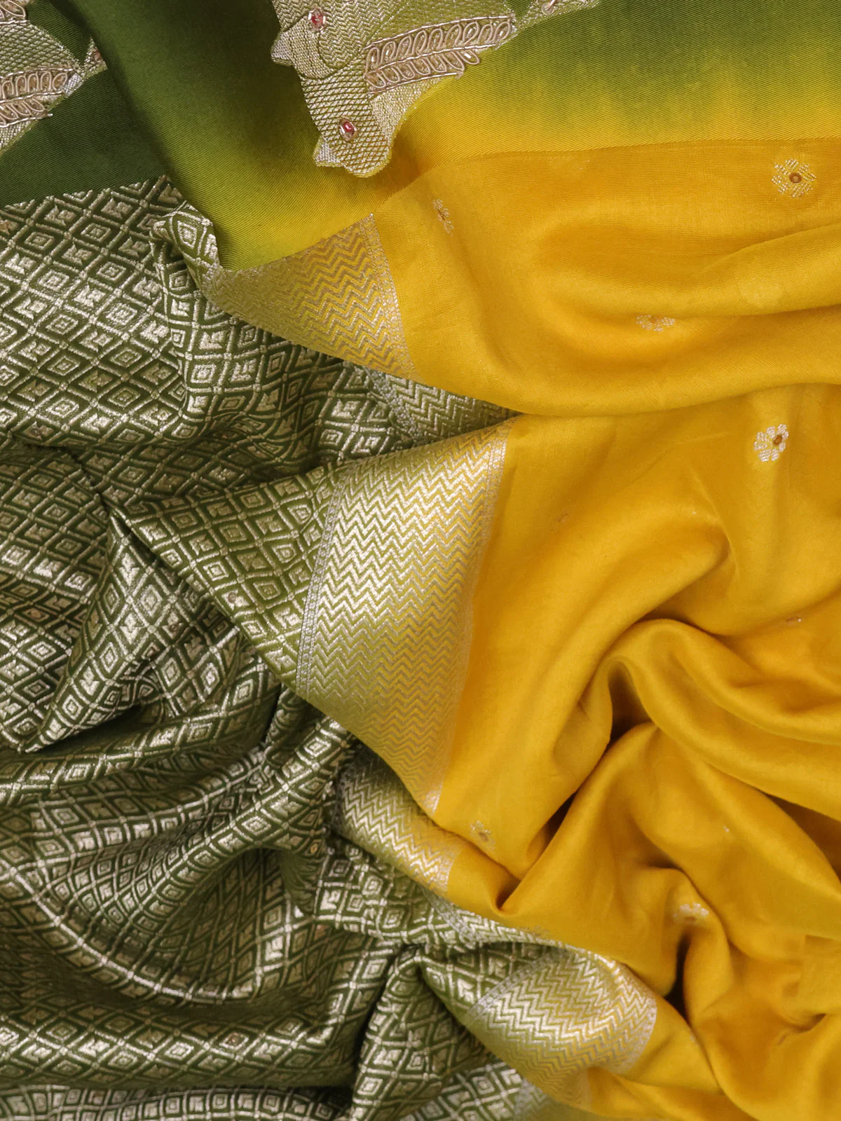 Yellow-Sap Green Tussar Silk Saree With Embroidered Readymade Blouse - Image 3