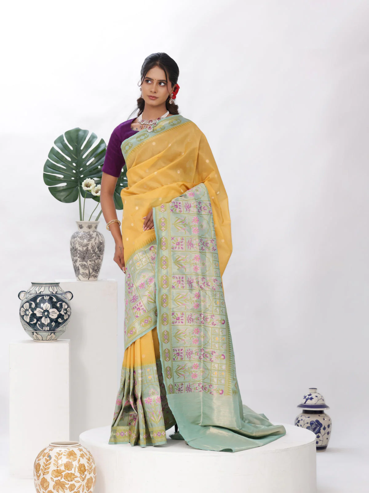 Yellow - Teal Banarasi Kora Silk Saree - Image 2