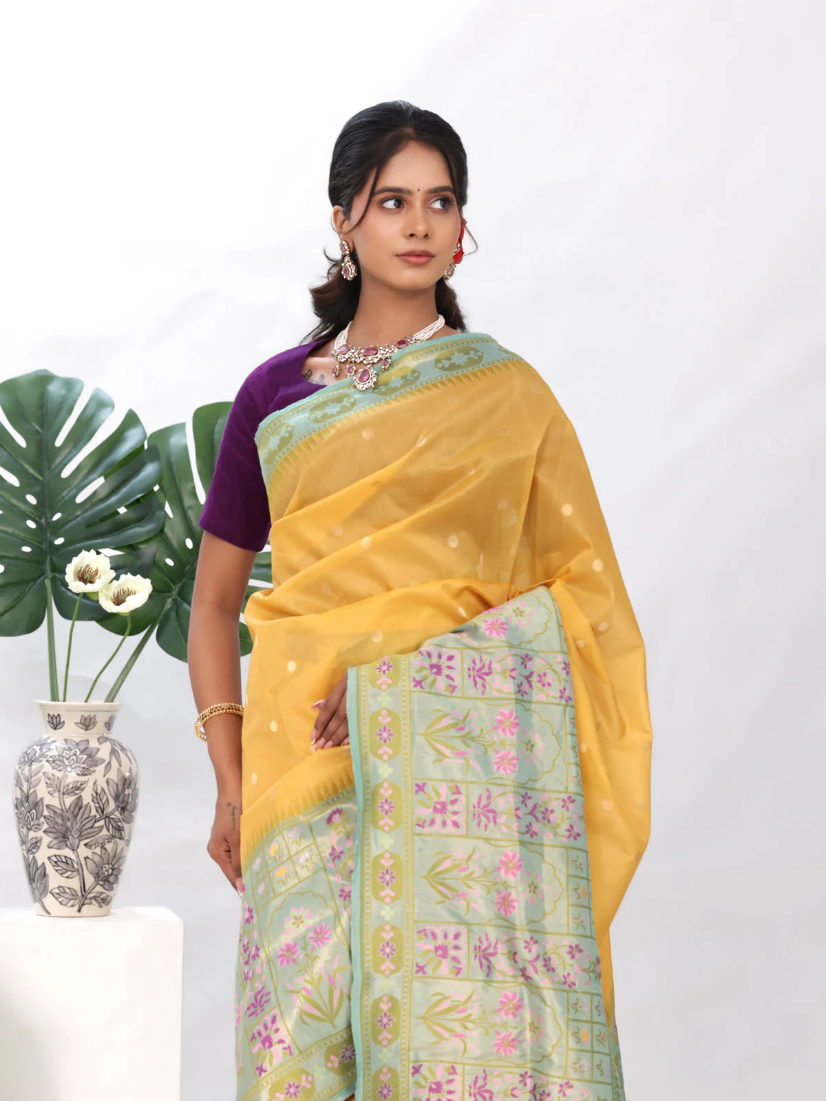 Yellow - Teal Banarasi Kora Silk Saree - Image 3