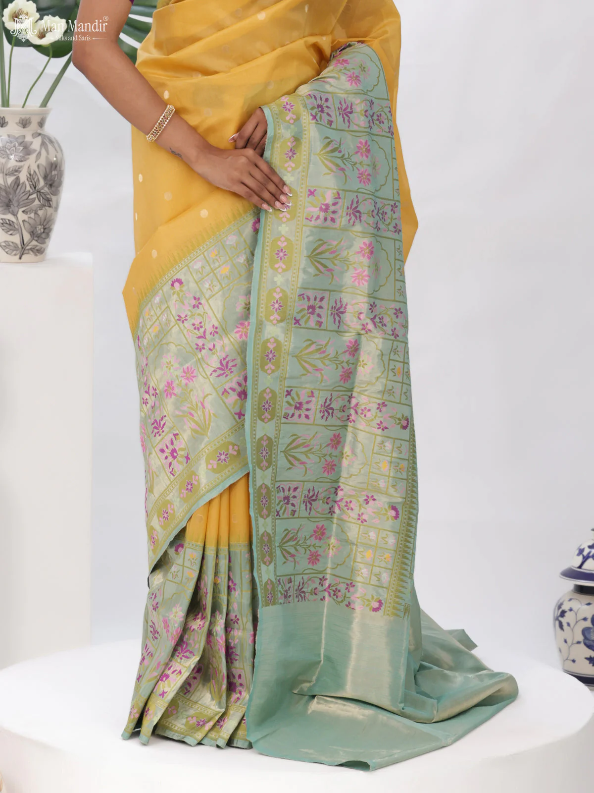 Yellow - Teal Banarasi Kora Silk Saree - Image 4